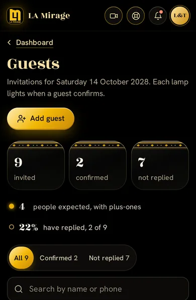 Guest list and RSVP screen in the LA Mirage app