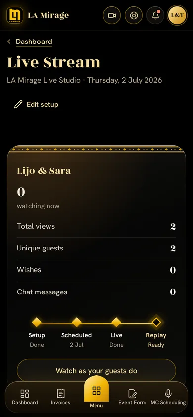 The LA Mirage app: the wedding live stream screen
