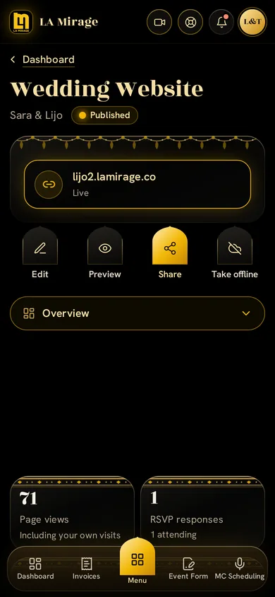 Wedding website builder in the LA Mirage app